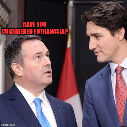 Reverse Uno | HAVE YOU CONSIDERED EUTHANASIA? | image tagged in jason kenney looks up to justin trudeau | made w/ Imgflip meme maker