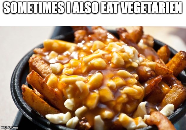 Sometimes I also eat vegetarian | SOMETIMES I ALSO EAT VEGETARIEN | image tagged in french fries,gravy,cheese,vegetarian | made w/ Imgflip meme maker