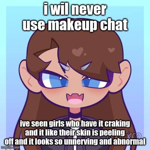 picre | i wil never use makeup chat; ive seen girls who have it craking and it like their skin is peeling off and it looks so unnerving and abnormal | image tagged in picre | made w/ Imgflip meme maker