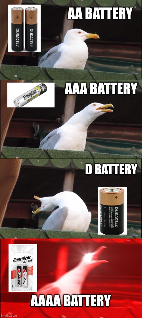 batteries | AA BATTERY; AAA BATTERY; D BATTERY; AAAA BATTERY | image tagged in memes,inhaling seagull | made w/ Imgflip meme maker