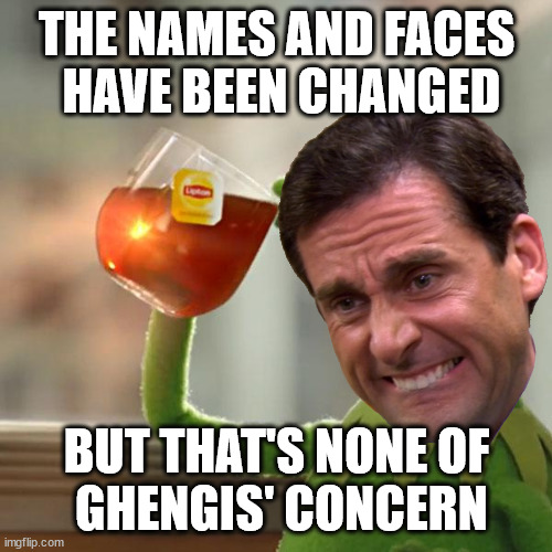 ◄►▻◅ | THE NAMES AND FACES
 HAVE BEEN CHANGED; BUT THAT'S NONE OF
 GHENGIS' CONCERN | image tagged in memes,but that's none of my business,kermit the frog | made w/ Imgflip meme maker