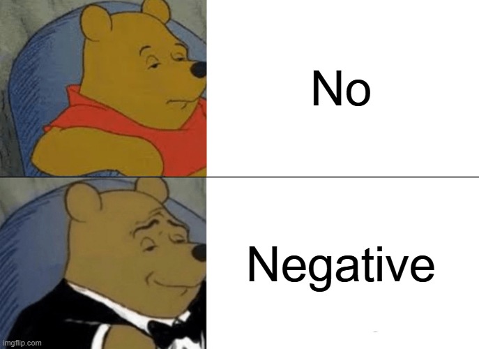 No | No; Negative | image tagged in memes,tuxedo winnie the pooh | made w/ Imgflip meme maker
