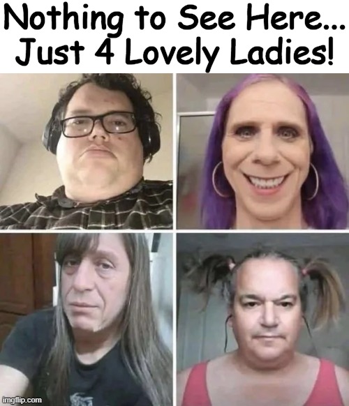 Let's see, there's Pat, Pat, Pat and Pat. | Nothing to See Here...
Just 4 Lovely Ladies! | image tagged in still not sure what a woman is,ladies,single ladies,aren't they lovely,nothing to see here,identity | made w/ Imgflip meme maker