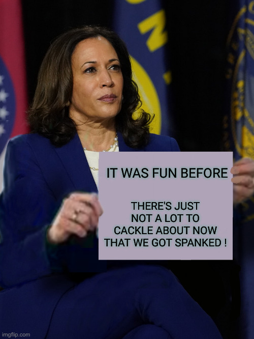 She Is The Certified LOSER ! | IT WAS FUN BEFORE; THERE'S JUST NOT A LOT TO CACKLE ABOUT NOW THAT WE GOT SPANKED ! | image tagged in kamala harris holding sign,political meme,politics,funny memes,funny,donald trump | made w/ Imgflip meme maker