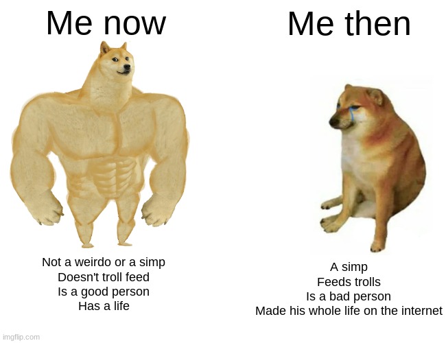 Can't change what I did back then (wish I can), the damage has already been done. | Me now; Me then; A simp
Feeds trolls
Is a bad person
Made his whole life on the internet; Not a weirdo or a simp
Doesn't troll feed
Is a good person
Has a life | image tagged in memes,buff doge vs cheems | made w/ Imgflip meme maker