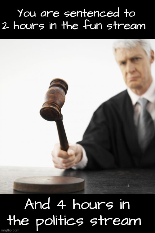 Judged! | You are sentenced to 2 hours in the fun stream; And 4 hours in the politics stream | image tagged in judged | made w/ Imgflip meme maker
