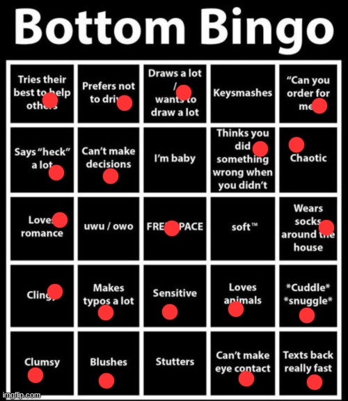 the ones I didn't choose were because I literally don't understand them T-T besides uwu and stutters :D | image tagged in bottom bingo | made w/ Imgflip meme maker
