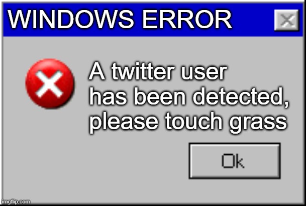 Windows Error Message | WINDOWS ERROR; A twitter user has been detected, please touch grass | image tagged in windows error message | made w/ Imgflip meme maker