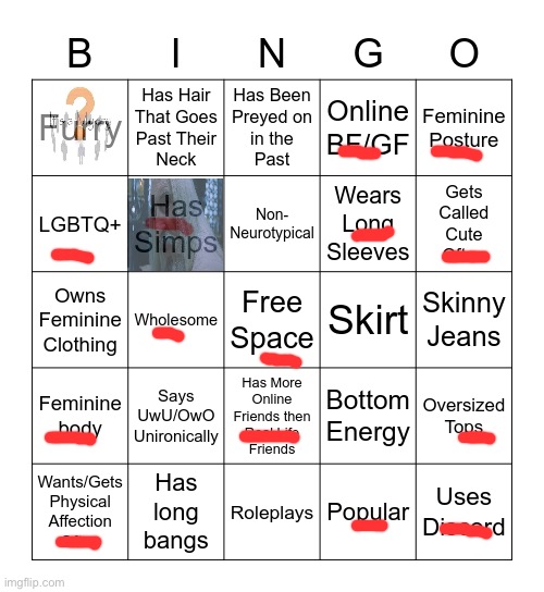 If you simp for me or think I'm cute u need a checkup | image tagged in femboy bingo | made w/ Imgflip meme maker