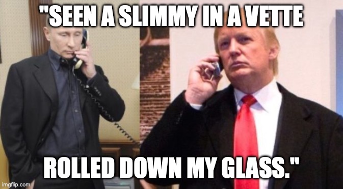 Trump Putin phone call | "SEEN A SLIMMY IN A VETTE; ROLLED DOWN MY GLASS." | image tagged in trump putin phone call | made w/ Imgflip meme maker