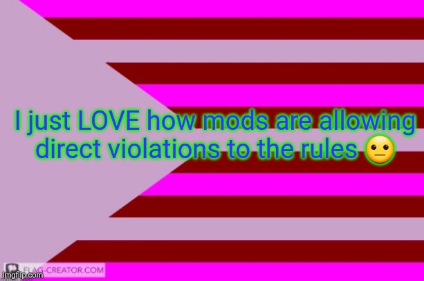 Millie's Flag of the kingdom of Eillimburg announcement temp | I just LOVE how mods are allowing direct violations to the rules 😐 | image tagged in millie's flag of the kingdom of eillimburg announcement temp | made w/ Imgflip meme maker