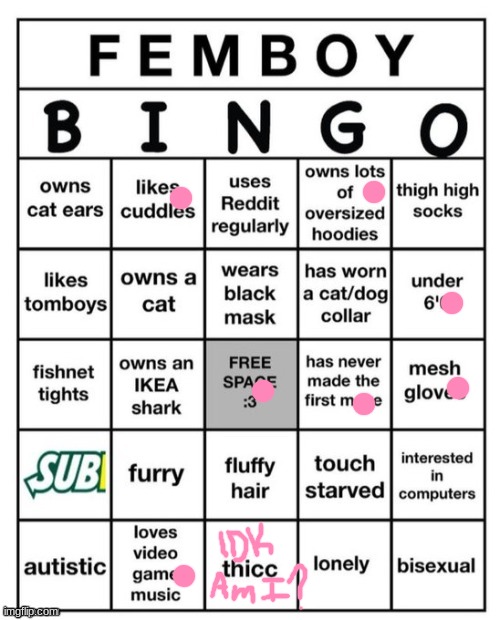 ts so ass (doing this but I'm not a femboy) sorry for doing so many bingos, I'm just hella bored | image tagged in femboy bingo | made w/ Imgflip meme maker