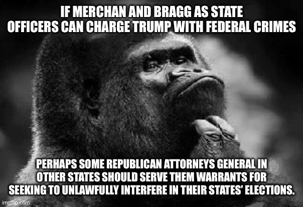 thinking monkey | IF MERCHAN AND BRAGG AS STATE OFFICERS CAN CHARGE TRUMP WITH FEDERAL CRIMES; PERHAPS SOME REPUBLICAN ATTORNEYS GENERAL IN OTHER STATES SHOULD SERVE THEM WARRANTS FOR SEEKING TO UNLAWFULLY INTERFERE IN THEIR STATES’ ELECTIONS. | image tagged in thinking monkey | made w/ Imgflip meme maker