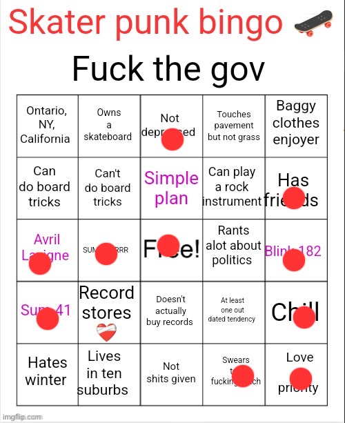 Skater punk bingo | image tagged in skater punk bingo | made w/ Imgflip meme maker