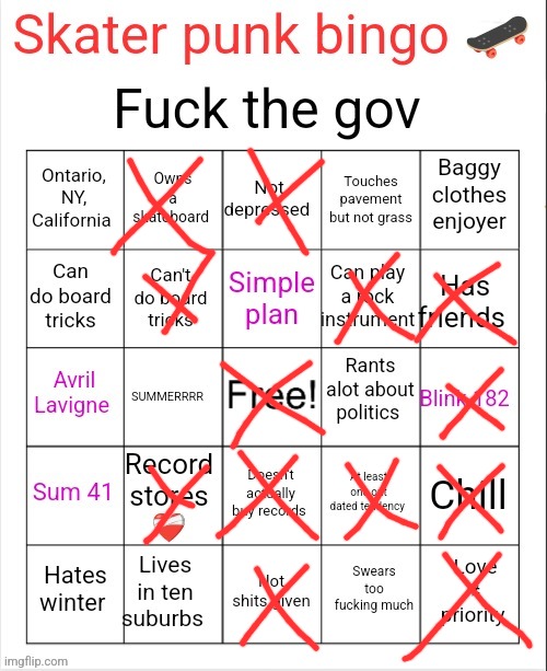 Skater punk bingo | image tagged in skater punk bingo | made w/ Imgflip meme maker