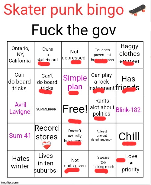 Skater punk bingo | image tagged in skater punk bingo | made w/ Imgflip meme maker