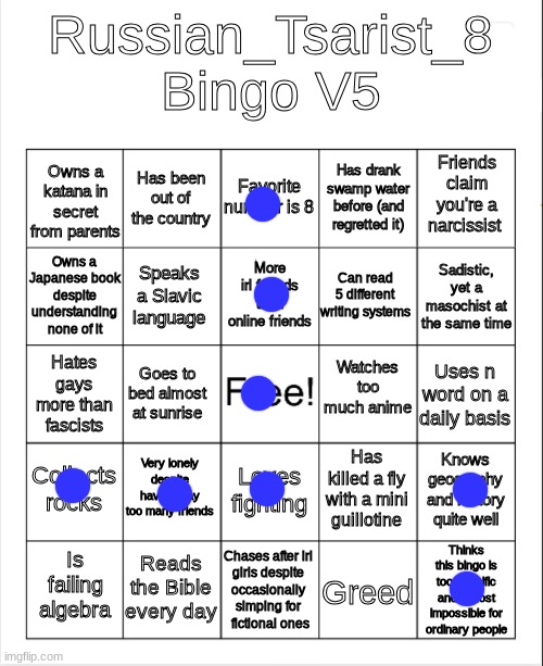 Russian_Tsarist_8 Bingo V5 | image tagged in russian_tsarist_8 bingo v5 | made w/ Imgflip meme maker