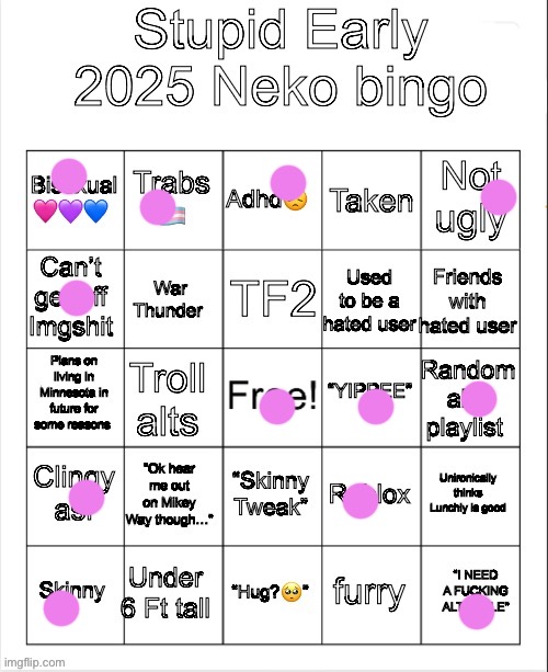 I’m clingy asf to my friends | image tagged in early 2025 neko bingo | made w/ Imgflip meme maker