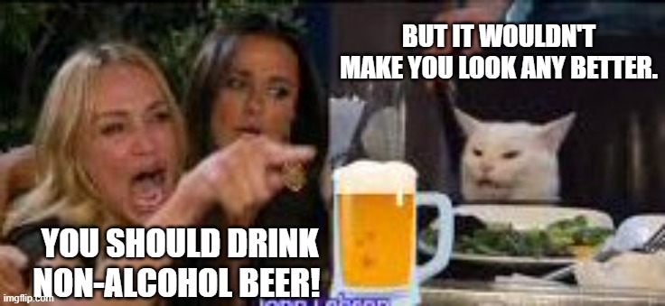 Non-Alcohol beer | BUT IT WOULDN'T MAKE YOU LOOK ANY BETTER. YOU SHOULD DRINK NON-ALCOHOL BEER! | image tagged in smudge the cat | made w/ Imgflip meme maker