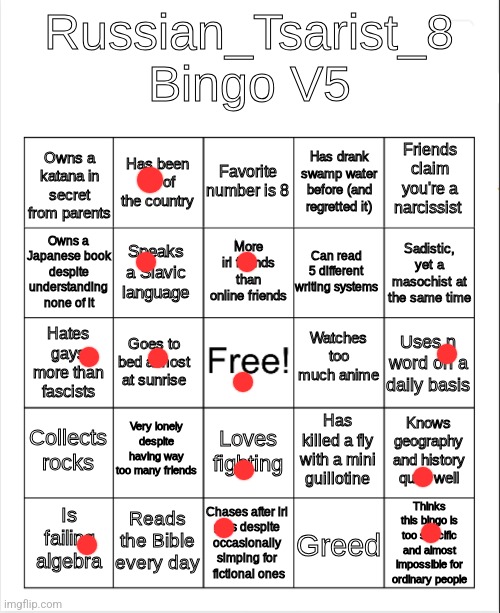 Russian_Tsarist_8 Bingo V5 | image tagged in russian_tsarist_8 bingo v5 | made w/ Imgflip meme maker