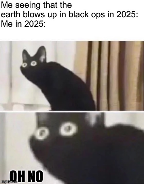 Cod | Me seeing that the earth blows up in black ops in 2025:
Me in 2025:; OH NO | image tagged in oh no black cat | made w/ Imgflip meme maker