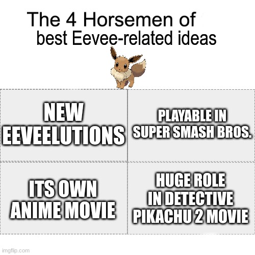 2025 Year of Eevee | best Eevee-related ideas; NEW EEVEELUTIONS; PLAYABLE IN SUPER SMASH BROS. HUGE ROLE IN DETECTIVE PIKACHU 2 MOVIE; ITS OWN ANIME MOVIE | image tagged in four horsemen,memes,funny,pokemon | made w/ Imgflip meme maker