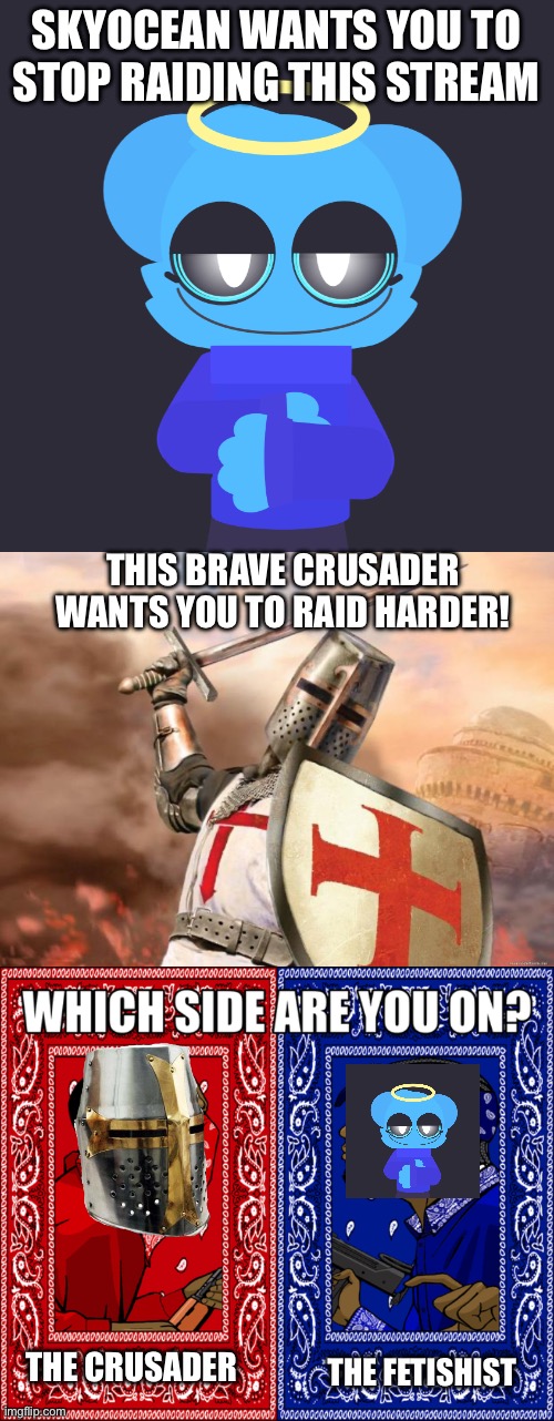 Keep raiding! | SKYOCEAN WANTS YOU TO STOP RAIDING THIS STREAM; THIS BRAVE CRUSADER WANTS YOU TO RAID HARDER! THE CRUSADER; THE FETISHIST | image tagged in freaky sky,crusader,which side are you on | made w/ Imgflip meme maker