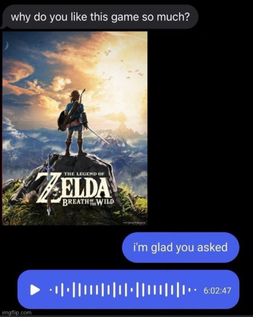 I'm glad you asked | image tagged in zelda,the legend of zelda,the legend of zelda breath of the wild,texting,voice,funny | made w/ Imgflip meme maker