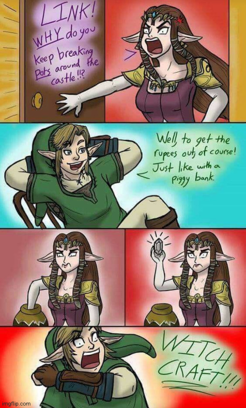 WITCH CRAFT | image tagged in witchcraft,the legend of zelda,zelda,link,rupees,vases | made w/ Imgflip meme maker