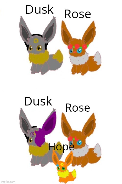 Dusk and Rose (and their future's light ver + child) in EV-zero style (couldn't find a pkm150 style base :p) | Dusk; Rose; Hope | made w/ Imgflip meme maker