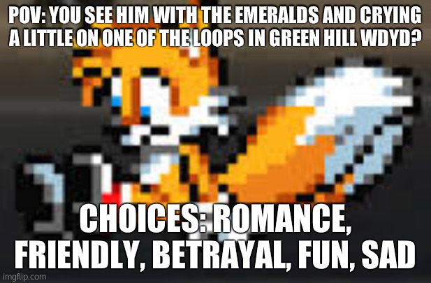 ... | POV: YOU SEE HIM WITH THE EMERALDS AND CRYING A LITTLE ON ONE OF THE LOOPS IN GREEN HILL WDYD? CHOICES: ROMANCE, FRIENDLY, BETRAYAL, FUN, SAD | image tagged in depressed tails | made w/ Imgflip meme maker