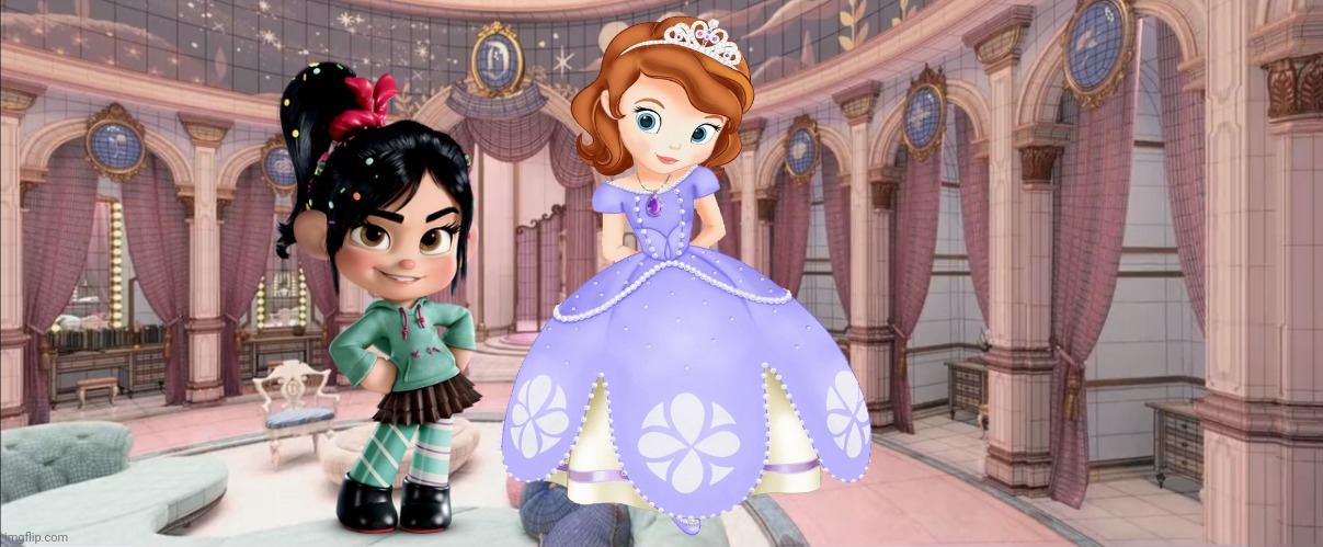 Vanellope von Schweetz and Sofia Balthazar-Winslow | image tagged in disney princesses,disney princess,vanellope von schweetz,sofia the first,princess sofia,wreck it ralph | made w/ Imgflip meme maker