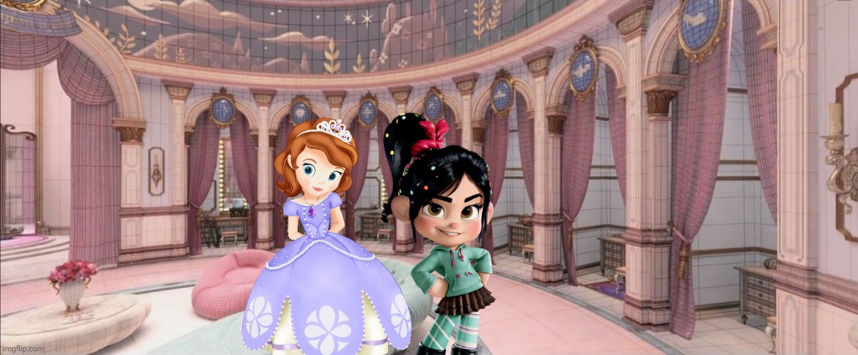 Sofia The First and Vanellope von Schweetz | image tagged in disney princess dressing room 02,disney princess,vanellope von schweetz,wreck it ralph,sofia the first,disney princesses | made w/ Imgflip meme maker