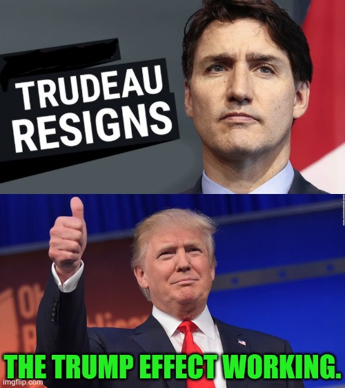 In Canada | THE TRUMP EFFECT WORKING. | image tagged in donald trump is proud,justin trudeau,good bye,prime minister,politics,memes | made w/ Imgflip meme maker