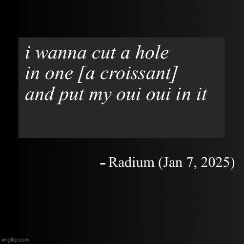 Blank ArentYourself Quote Template | i wanna cut a hole in one [a croissant] and put my oui oui in it; Radium (Jan 7, 2025) | image tagged in blank arentyourself quote template | made w/ Imgflip meme maker