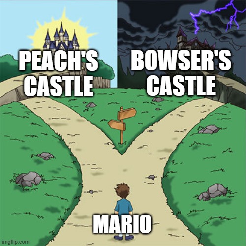 Castles in Mario games be like: | BOWSER'S CASTLE; PEACH'S CASTLE; MARIO | image tagged in two paths | made w/ Imgflip meme maker