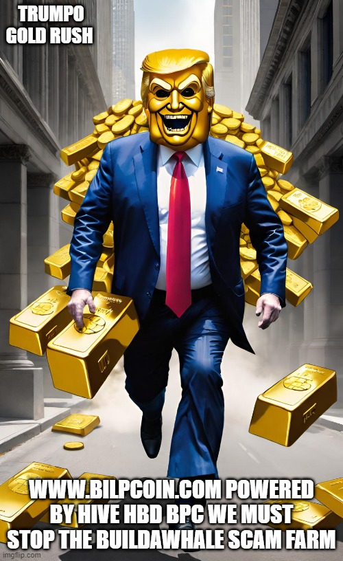 TRUMPO GOLD RUSH; WWW.BILPCOIN.COM POWERED BY HIVE HBD BPC WE MUST STOP THE BUILDAWHALE SCAM FARM | made w/ Imgflip meme maker