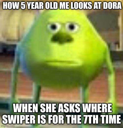 HE'S RIGHT THERE!!! | HOW 5 YEAR OLD ME LOOKS AT DORA; WHEN SHE ASKS WHERE SWIPER IS FOR THE 7TH TIME | image tagged in sully wazowski | made w/ Imgflip meme maker