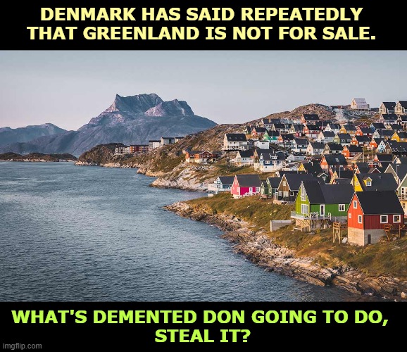 DENMARK HAS SAID REPEATEDLY THAT GREENLAND IS NOT FOR SALE. WHAT'S DEMENTED DON GOING TO DO, 
STEAL IT? | image tagged in trump,denmark,greenland,steal,theft,invasion | made w/ Imgflip meme maker