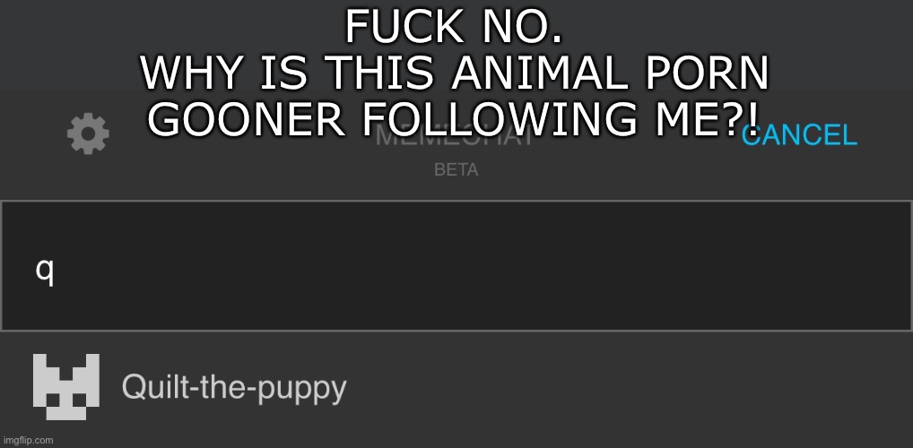 FUCK NO.
WHY IS THIS ANIMAL PORN GOONER FOLLOWING ME?! | made w/ Imgflip meme maker