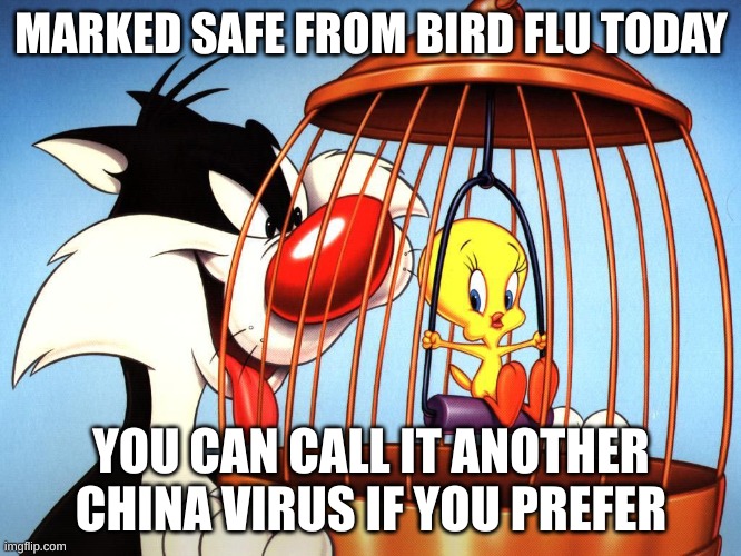 bird flu pandemic | MARKED SAFE FROM BIRD FLU TODAY; YOU CAN CALL IT ANOTHER CHINA VIRUS IF YOU PREFER | image tagged in tweety bird | made w/ Imgflip meme maker