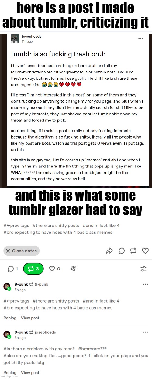 here is a post i made about tumblr, criticizing it; and this is what some tumblr glazer had to say | made w/ Imgflip meme maker