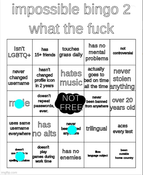 No wonder it's called IMPOSSIBLE bingo ;D | image tagged in impossible bingo 2,bingo,impossible,oh wow are you actually reading these tags | made w/ Imgflip meme maker