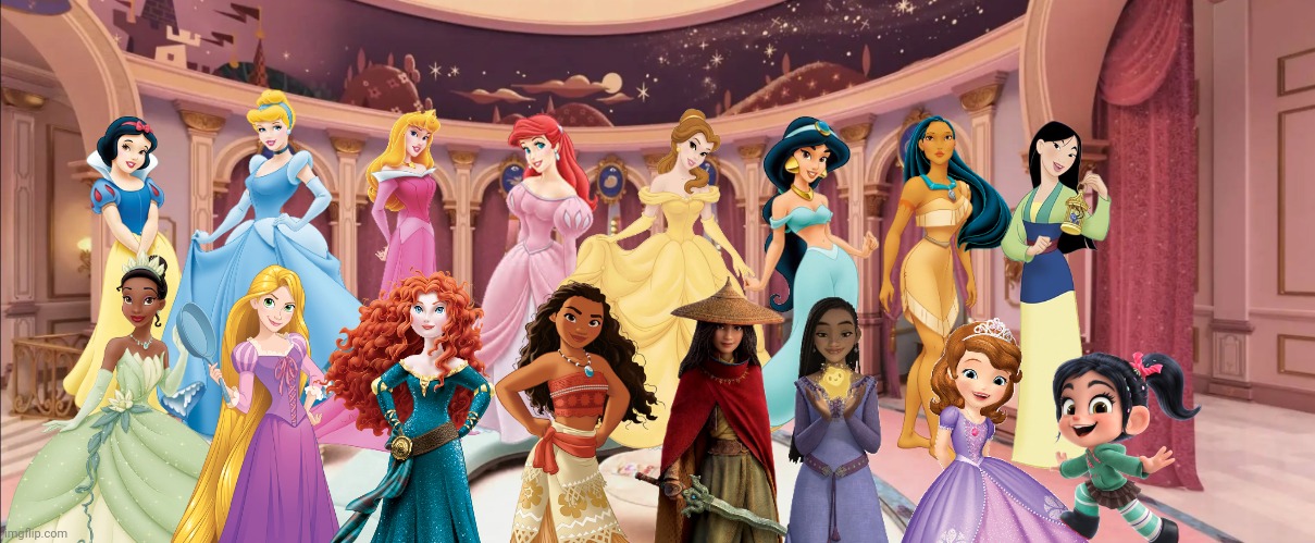 The 14 Princesses Meets Vanellope and Sofia | image tagged in disney princess dressing room 04,vanellope von schweetz,sofia the first,wreck it ralph,disney princesses,disney princess | made w/ Imgflip meme maker