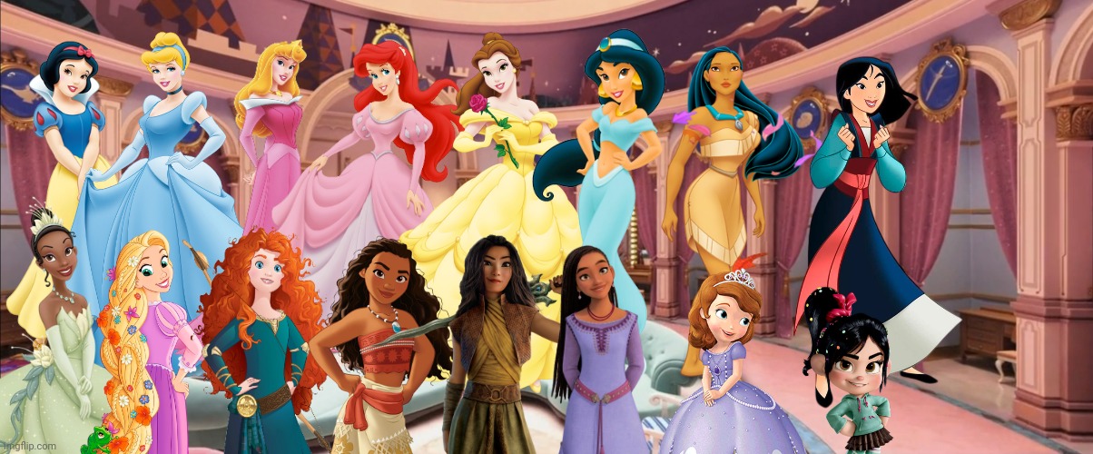 The 14 Princesses Meets Vanellope and Sofia | image tagged in disney princess dressing room 05,vanellope von schweetz,sofia the first,disney princesses,disney princess,wreck it ralph | made w/ Imgflip meme maker