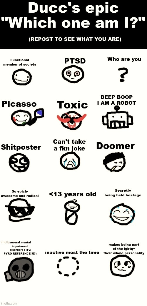 Ducc's epic "which one am i?" (UPDATED) but sightly more sepia | image tagged in ducc's epic which one am i updated | made w/ Imgflip meme maker