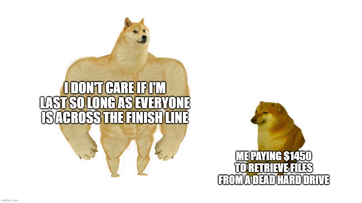 Leave No Doggo Behind | I DON'T CARE IF I'M LAST SO LONG AS EVERYONE IS ACROSS THE FINISH LINE; ME PAYING $1450 TO RETRIEVE FILES FROM A DEAD HARD DRIVE | image tagged in dodge chad vs virgin,no files left behind,fun | made w/ Imgflip meme maker