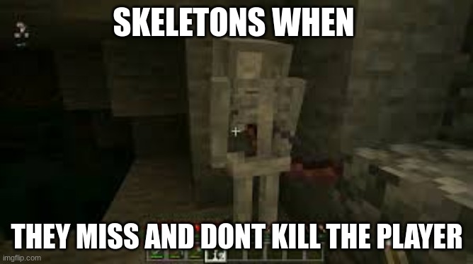 sad skeley | SKELETONS WHEN; THEY MISS AND DONT KILL THE PLAYER | image tagged in sad skeleton | made w/ Imgflip meme maker