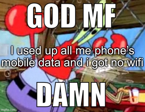 10 days left until i get more mobile data | I used up all me phone’s mobile data and i got no wifi | image tagged in god mf damn | made w/ Imgflip meme maker