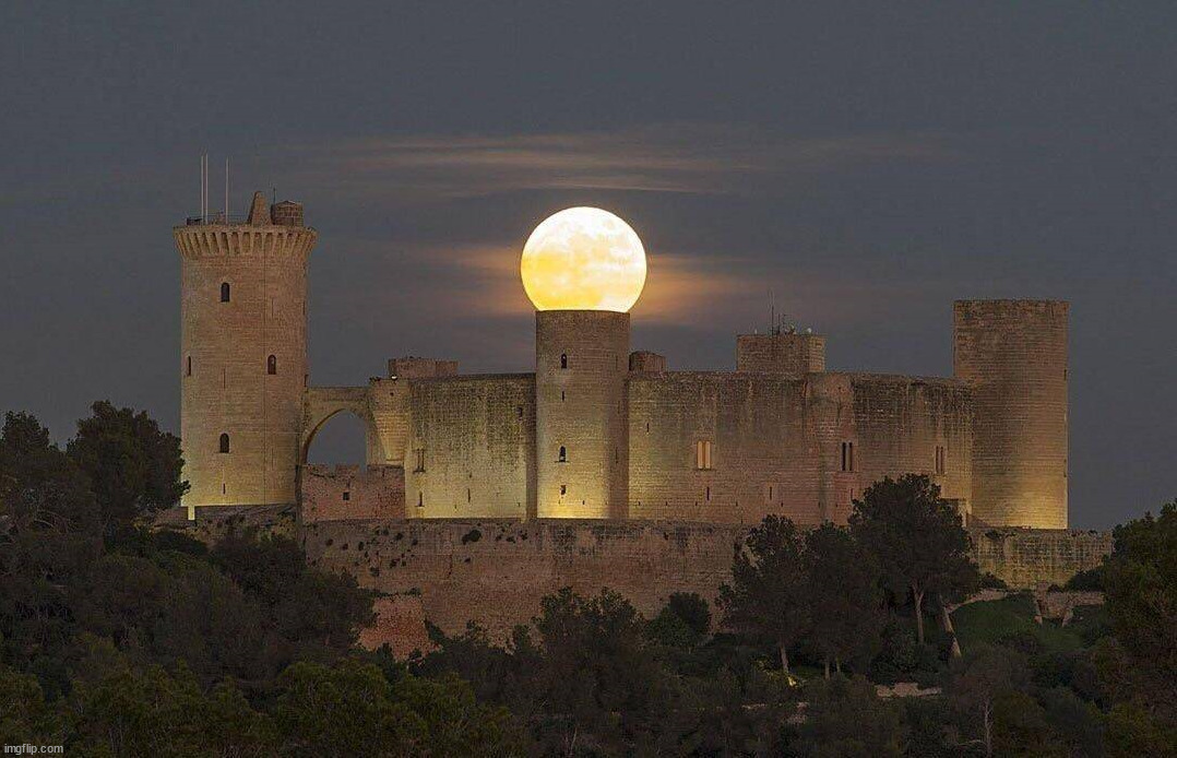 Moon over castle | image tagged in awesome | made w/ Imgflip meme maker